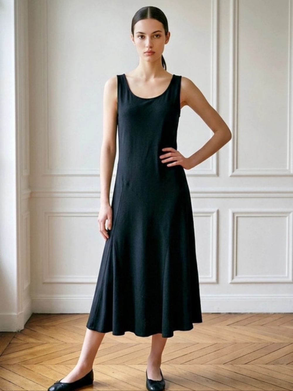 Eileen Fisher Quiet Luxury Black Sleeveless Midi Dress Size XS